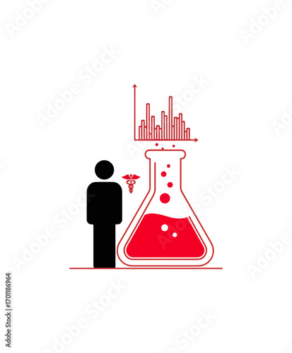 Red laboratory flask with bar graph