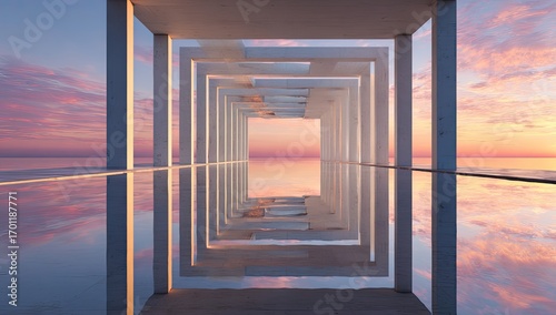 Abstract architectural structure at sunset over water, mirrored