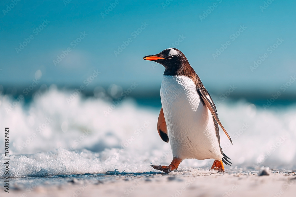 Naklejka premium Gentoo penguin strolls along a sandy beach on a bright, sunny day near the ocean