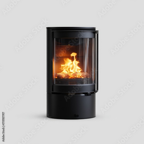 Modern, cylindrical, black wood-burning stove with glass viewing panel.  Fiery flames visible within.  Simple, clean design