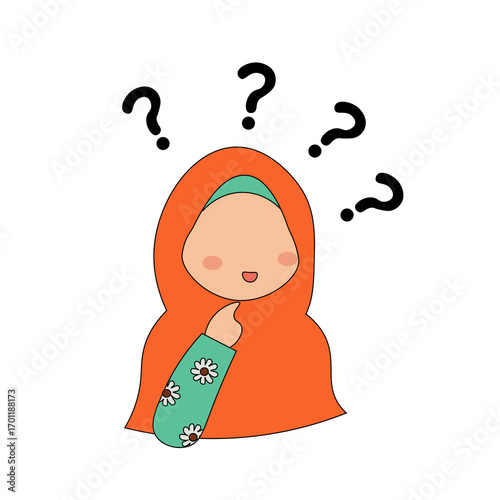 Vector illustration of a little girl wearing a hijab asking and being confused