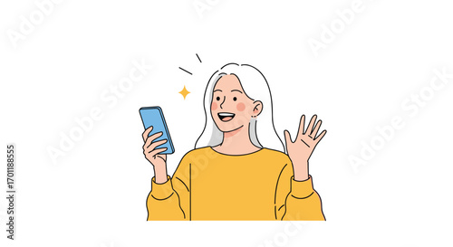 Excited young woman holding smartphone experiencing joy and surprise while receiving good news on her mobile device and waving hello to the camera
