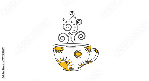 Whimsical sunshine inspired coffee cup with swirling steam emanating upwards symbolizing warmth and comfort during a morning ritual or a peaceful break