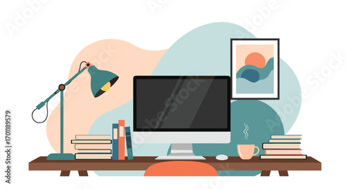 A cozy home office setup featuring a computer desk with books and a lamp for productive work