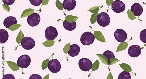 Ripe plums adorned with delicate green leaves in a gentle pink background pattern