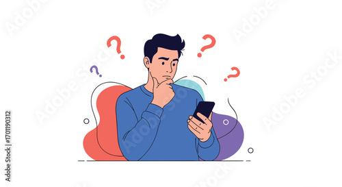 Confused person holding a mobile phone and experiencing uncertainty while thinking about mobile app development challenges and solutions
