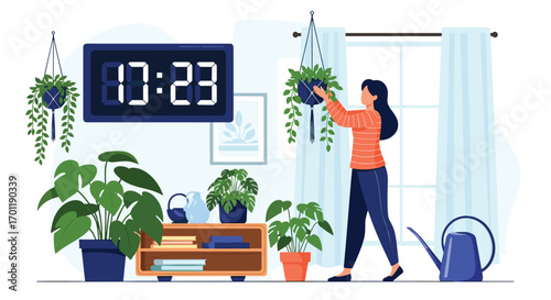Woman tending to indoor plants on a bright sunny morning by the window watering her greenery carefully