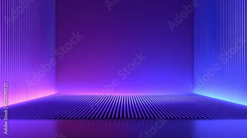 An abstract room is illuminated with neon purple and blue lighting, creating a futuristic and immersive visual experience beautifully.