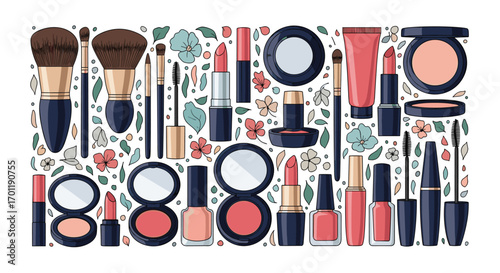 Elegant collection of cosmetic products with floral accents for beauty enthusiasts worldwide