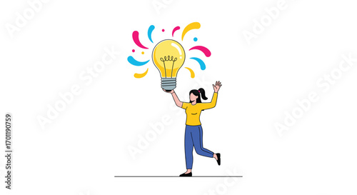 Young woman joyfully holding up a bright idea lightbulb symbolizing innovation and creativity in a vibrant artistic burst