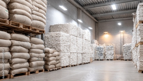 Wide shot of a warehouse filled with stacked burlap bags and large blocks of raw material
