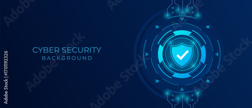 Concept of cybersecurity and network protection. Shield with Check mark icon on frames HUD futuristic style on a dark blue background. Secure technology. Vector illustration.