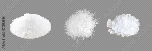 Salt realistic set isolated icons of heaps of edible salt of different crack with salt shakers vector illustration.