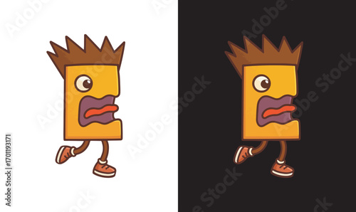 Funny cartoon character illustration with quirky face, spiky hair, big lips, and sneakers, designed in bold colors for t-shirts, stickers, and digital art