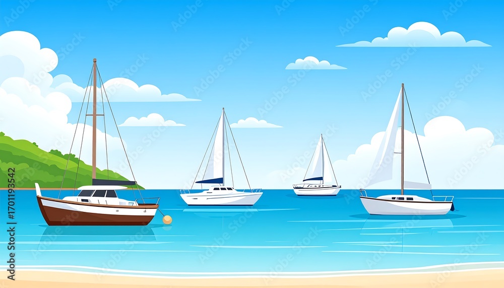 Naklejka premium Three sailboats gracefully glide across a vibrant blue ocean, bathed in the sunshine of a serene tropical day.