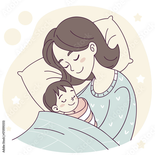 Mother sleeping hugging her baby wrapped in a blanket.