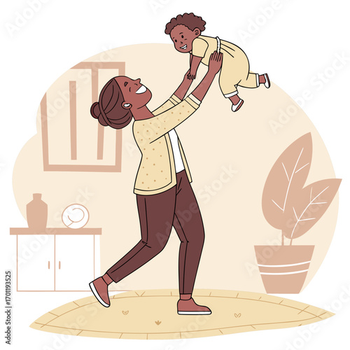 Mother lifting baby up with happy smile.