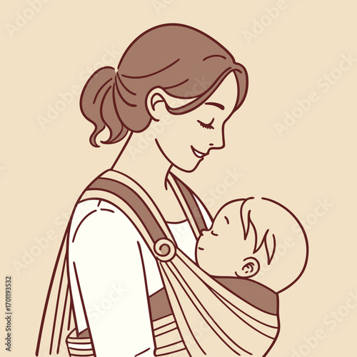 Mother with sling or kangaroo carrying baby on her chest.
