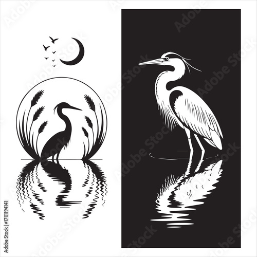 Heron Silhouettes in Black and White with Reflections