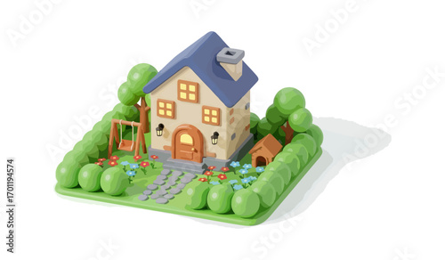 Cute cartoon house in garden