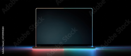 A modern laptop stands in the darkness illuminated by red and blue neon lights providing a sleek and futuristic computer display.