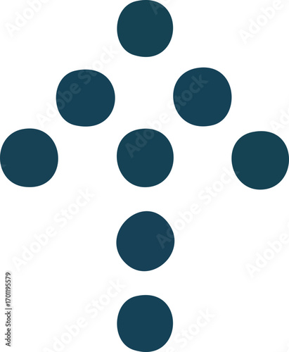 Arrangement of dark blue circles forming an upward arrow shape.