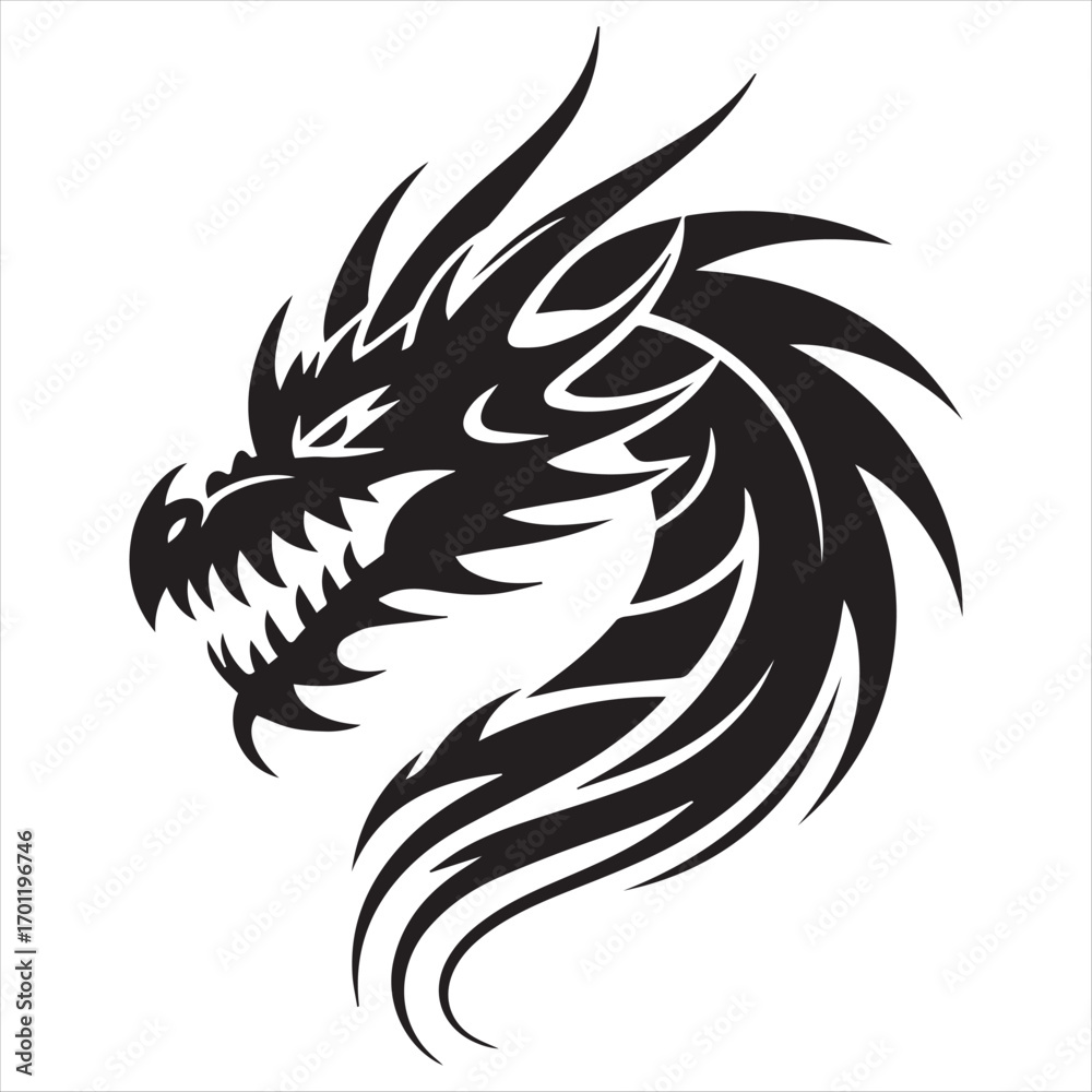 Obraz premium Black Dragon Head Silhouette Illustration on White Background