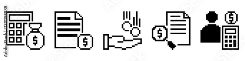 Set pixel finance icon vector for business, accounting, and monetary management. Useful for illustrating a collection of financial tools in a fun, retro, 8-bit aesthetic