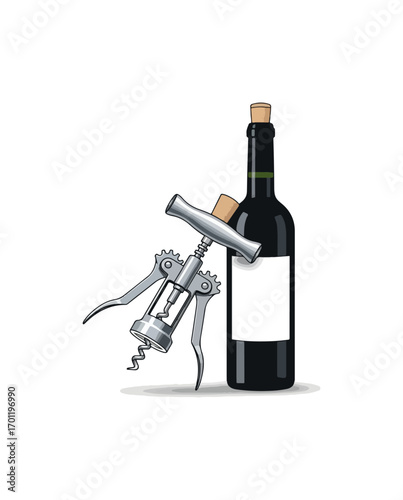 Wine bottle and corkscrew illustration