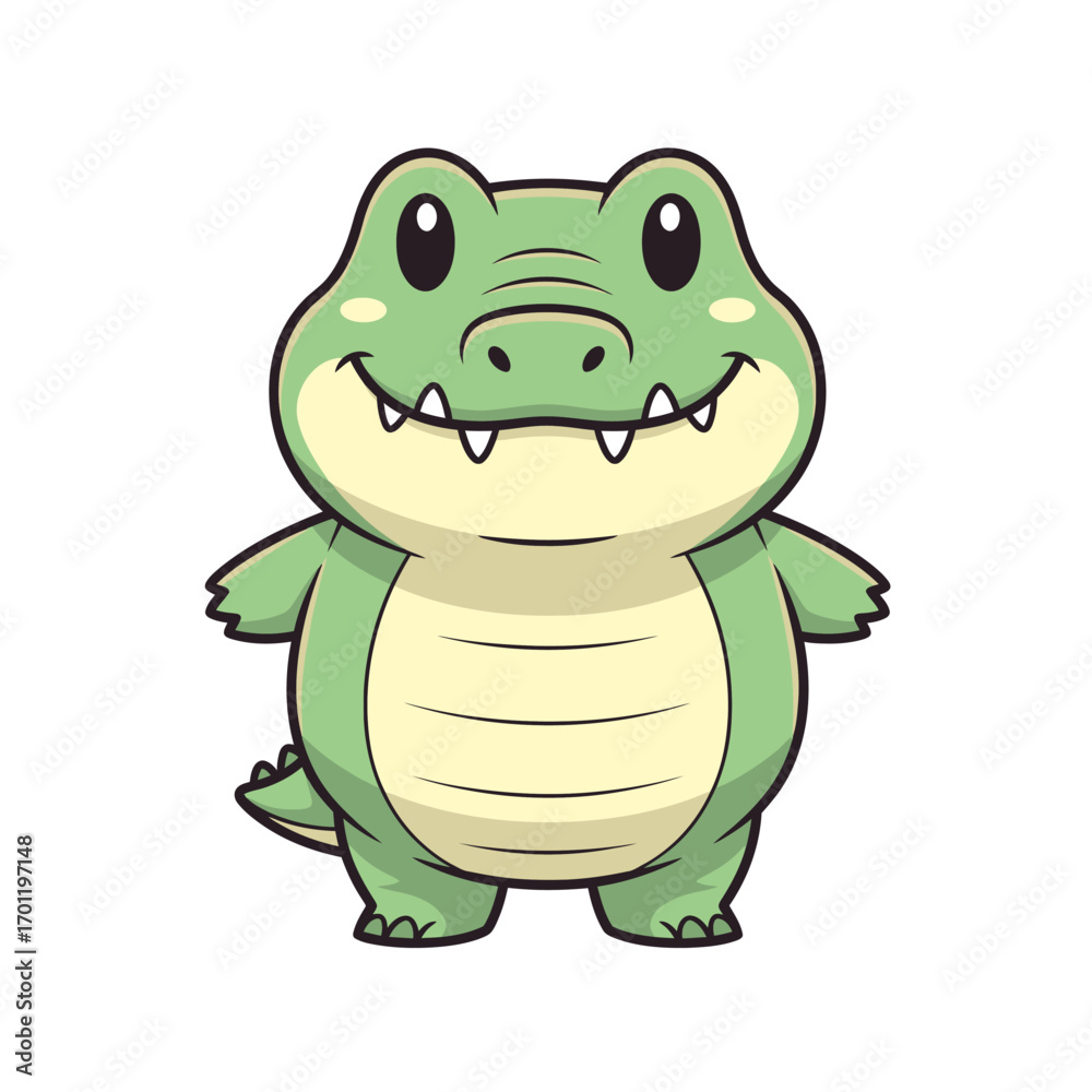 Fototapeta premium A cute, chubby cartoon alligator standing on two legs with a big friendly smile and sharp teeth, isolated on a white background.