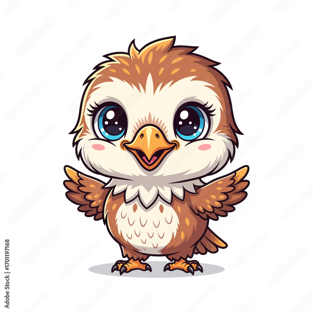 Fototapeta premium Adorable cartoon baby hawk with big blue eyes and open wings, standing on a white background.