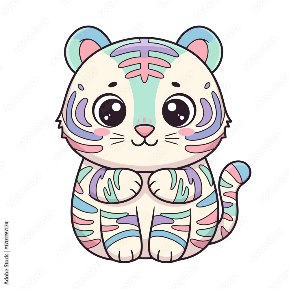 Fototapeta premium Cute cartoon tiger with pastel stripes and big eyes.