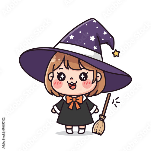 A cute cartoon witch girl wearing a purple star-patterned witch hat and holding a broomstick, ready for Halloween.