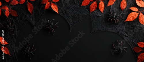 Halloween scene featu black spiders, cobwebs, and bright orange leaves arranged on a dark, moody, and modern background carefully.
