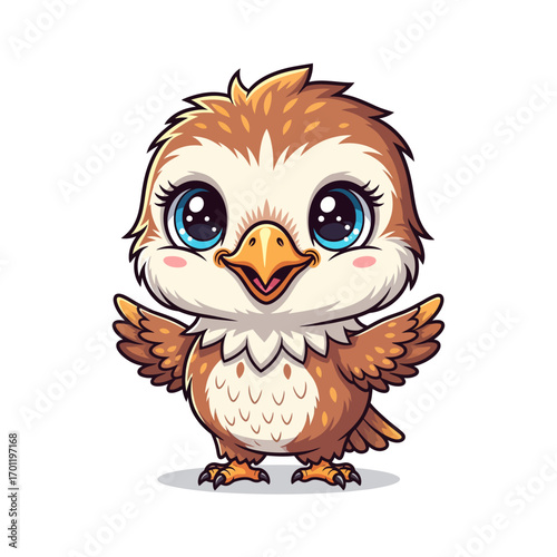 Adorable cartoon baby hawk with big blue eyes and open wings, standing on a white background.
