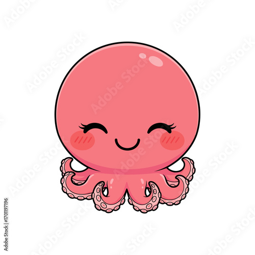 A cute, smiling pink octopus with big, happy eyes and rosy cheeks, its tentacles curled around its body.