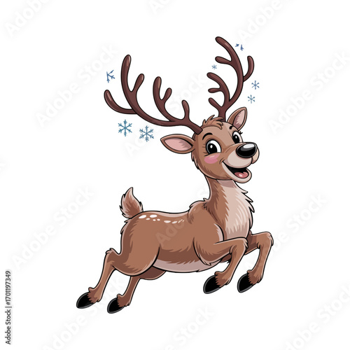 Happy cartoon reindeer with antlers jumping joyfully in snowy winter atmosphere white background