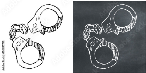 Chalk hand-drawn handcuff vector. Ideal for legal, crime, and justice themes. Captures a classic, sketchy feel with a raw and textured aesthetic, perfect for creative and artistic designs.