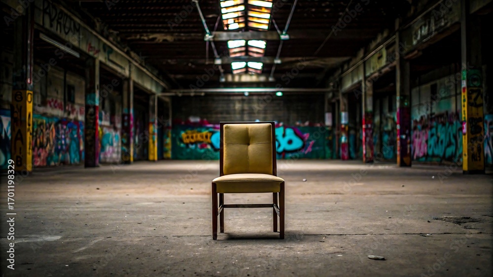 Naklejka premium Lonely chair in abandoned warehouse with graffiti walls and urban decay atmosphere 