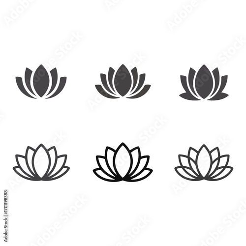 Six stylized lotus flower icons set representing serenity and enlightenment white background
