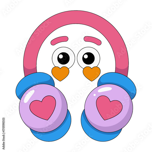 Cute cartoon penguin character wearing pink hat and blue mittens with hearts white background