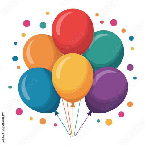 Vibrant bunch of balloons with confetti celebration party festive event decoration white background
