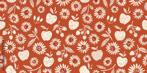 Whimsical hand drawn pattern of apples strawberries and daisies on a warm terracotta background