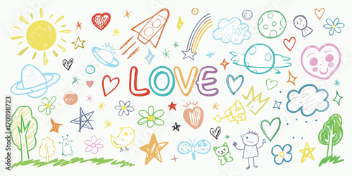 Whimsical hand drawn doodles featuring the word love and colorful elements