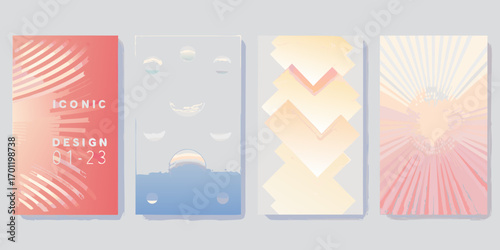 Collection of four abstract modern graphic design posters with geometric shapes and pastel colors