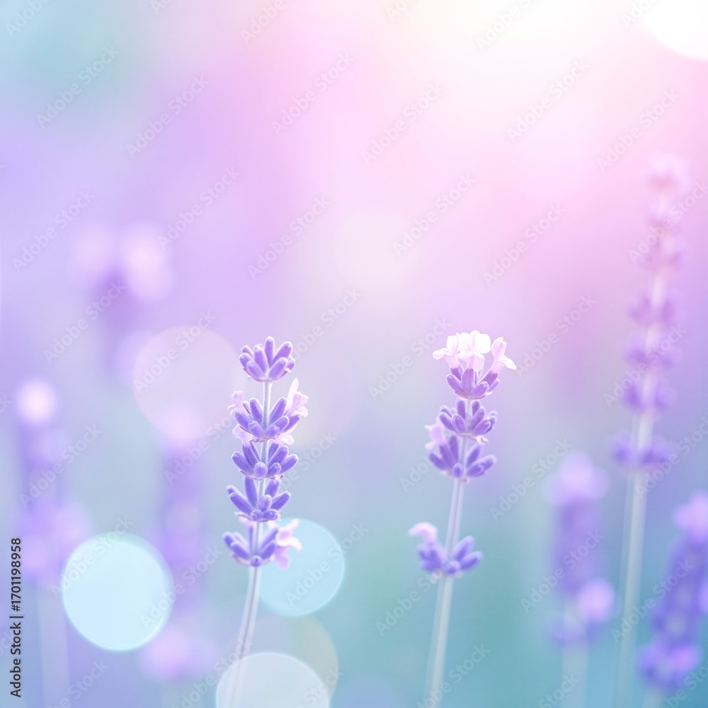 Obraz premium A vibrant cluster of lavender flowers basking in warm sunlight, their delicate purple petals glistening, surrounded by lush green foliage.