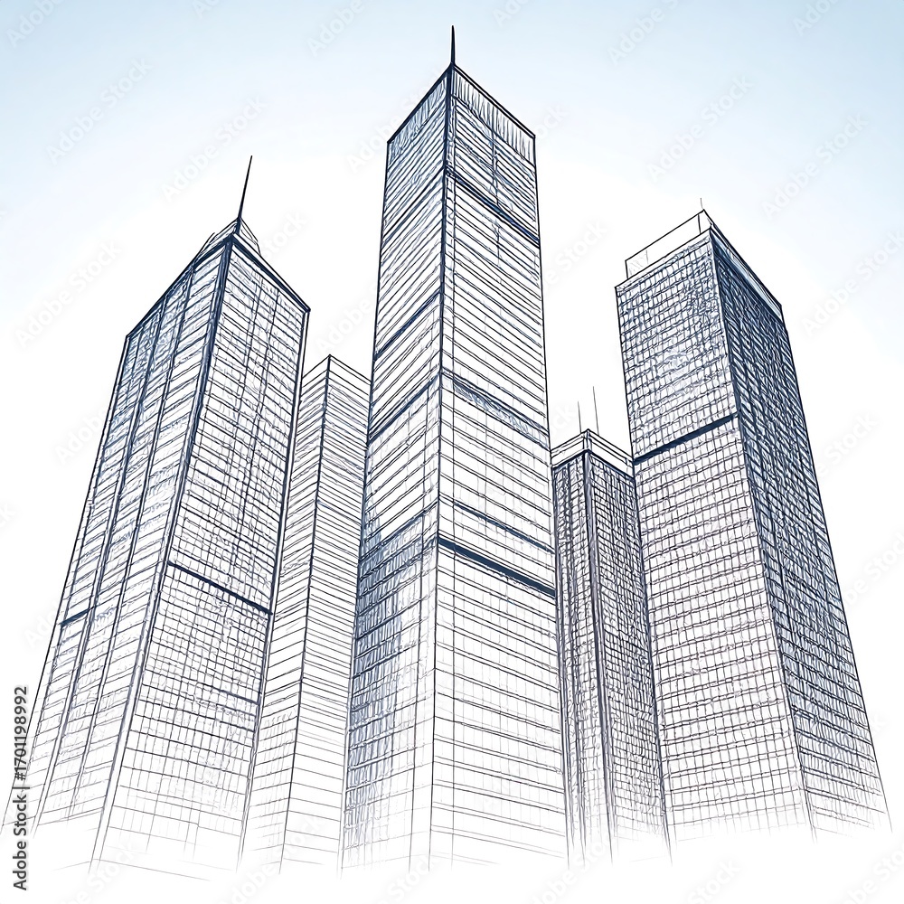 Fototapeta premium Detailed architectural sketch of modern skyscrapers, showcasing intricate design and urban landscape.
