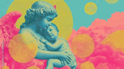 A modern pop art sculpture symbolizing innovation and growth in business through a vibrant mother and child figure.