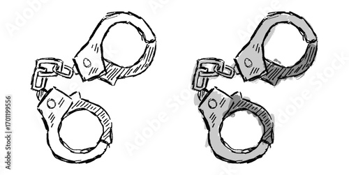 Grunge sketch hand-drawn handcuff vector. Adds a raw, edgy feel to legal and crime designs. Features a gritty, distressed, and artistic aesthetic.