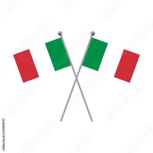 Two crossed Italian flags on poles on a black background flat illustration